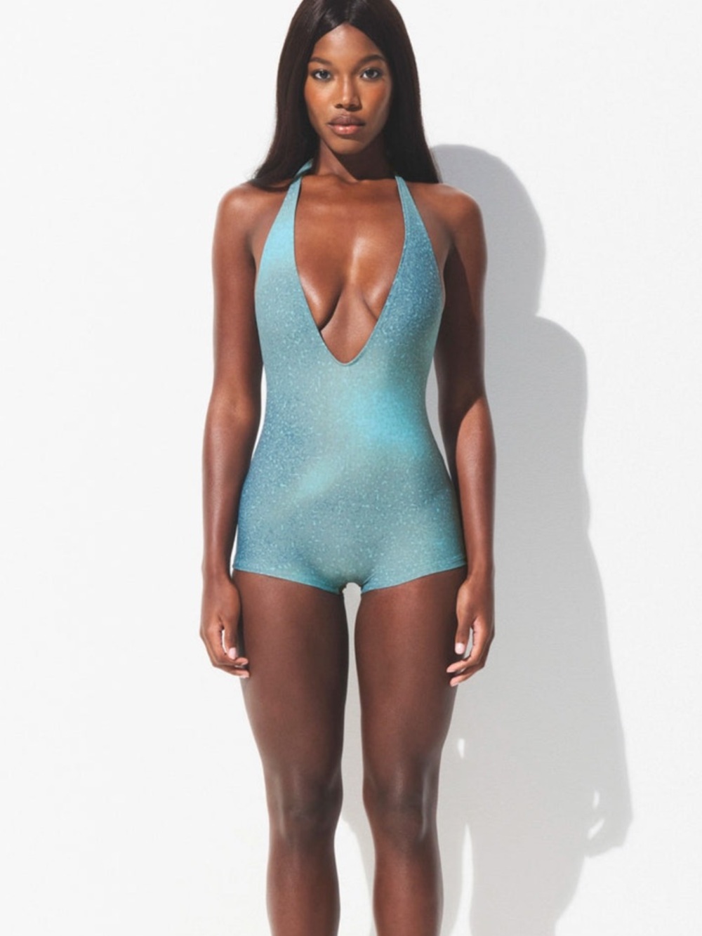 SKIMS Teal Sparkle Deep-V One-Piece Swimsuit